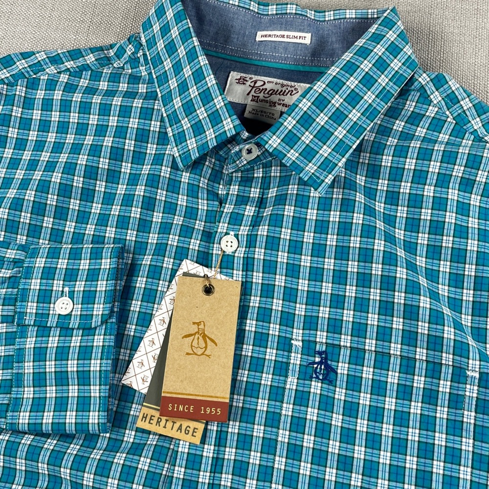 Original Penguin Button Down Mens XL Teal Plaid Heritage Slim Fit OPWH4012OP